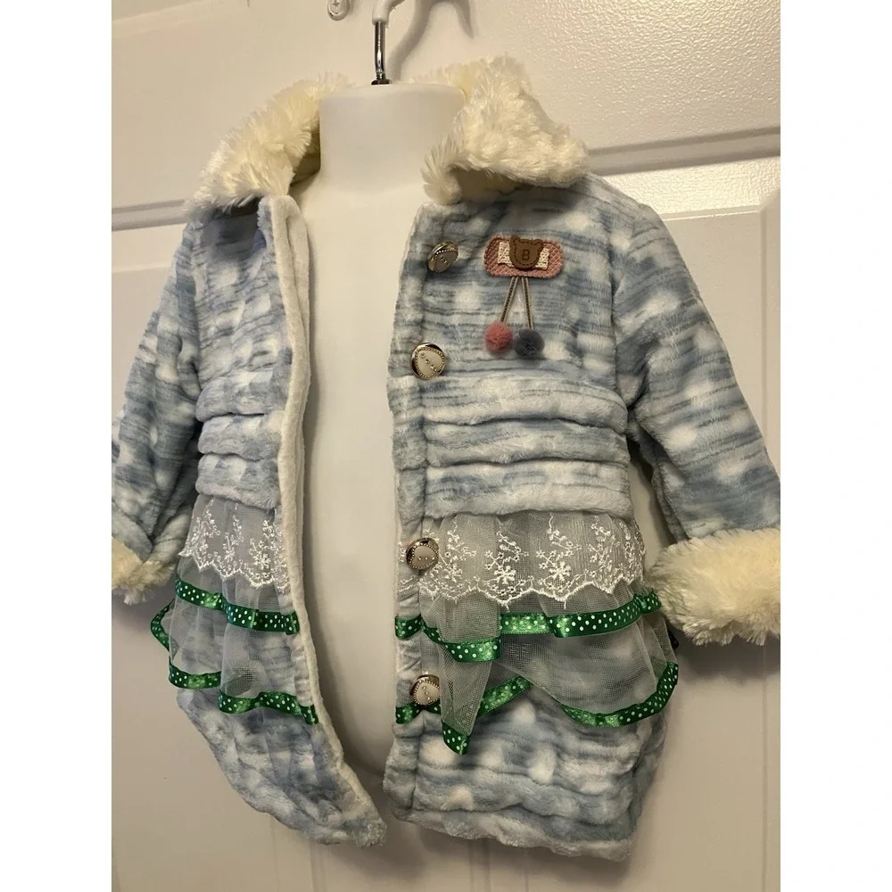 Toddler Girls Blue‎ White Faux Fur Coat 12-18 Months Lace Ruffled Lace CUTE!!